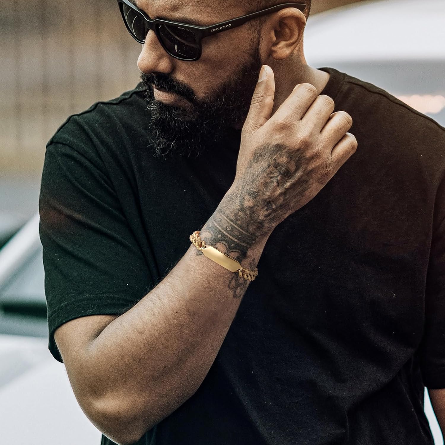 HZMAN Personalized Men's Cuban Link Bracelet with Blank ID Tag for Engraving, 8.5 Inch Gold and Silver Tone Stainless Steel Chain, Dog Tag Style Gift for Him, Husband, Boyfriend - Image 2