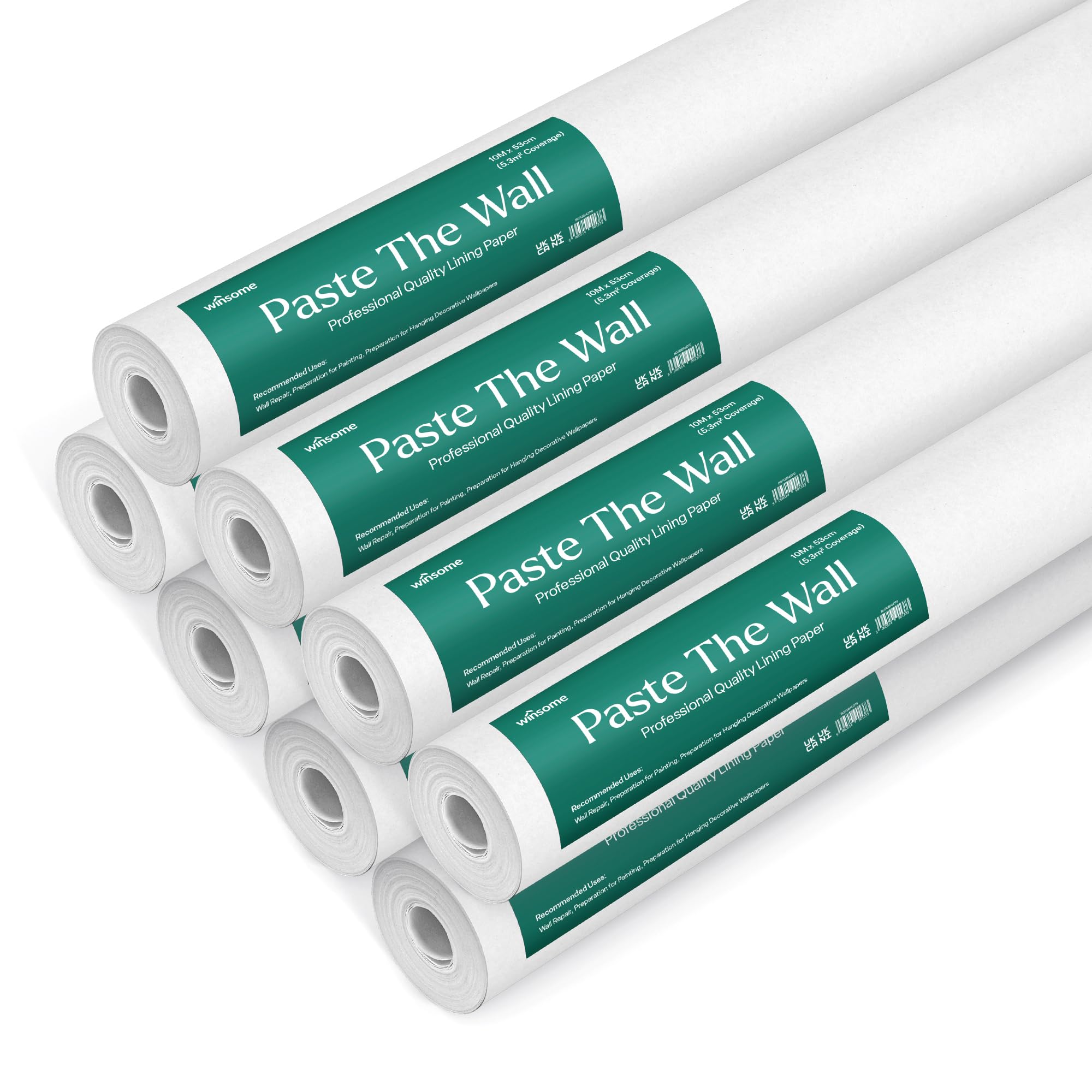 Paste The Wall Lining Paper 10m Long Plain White Thick Paintable Backing Paper, Heavy Duty PVC Free and Breathable (Pack of 8)