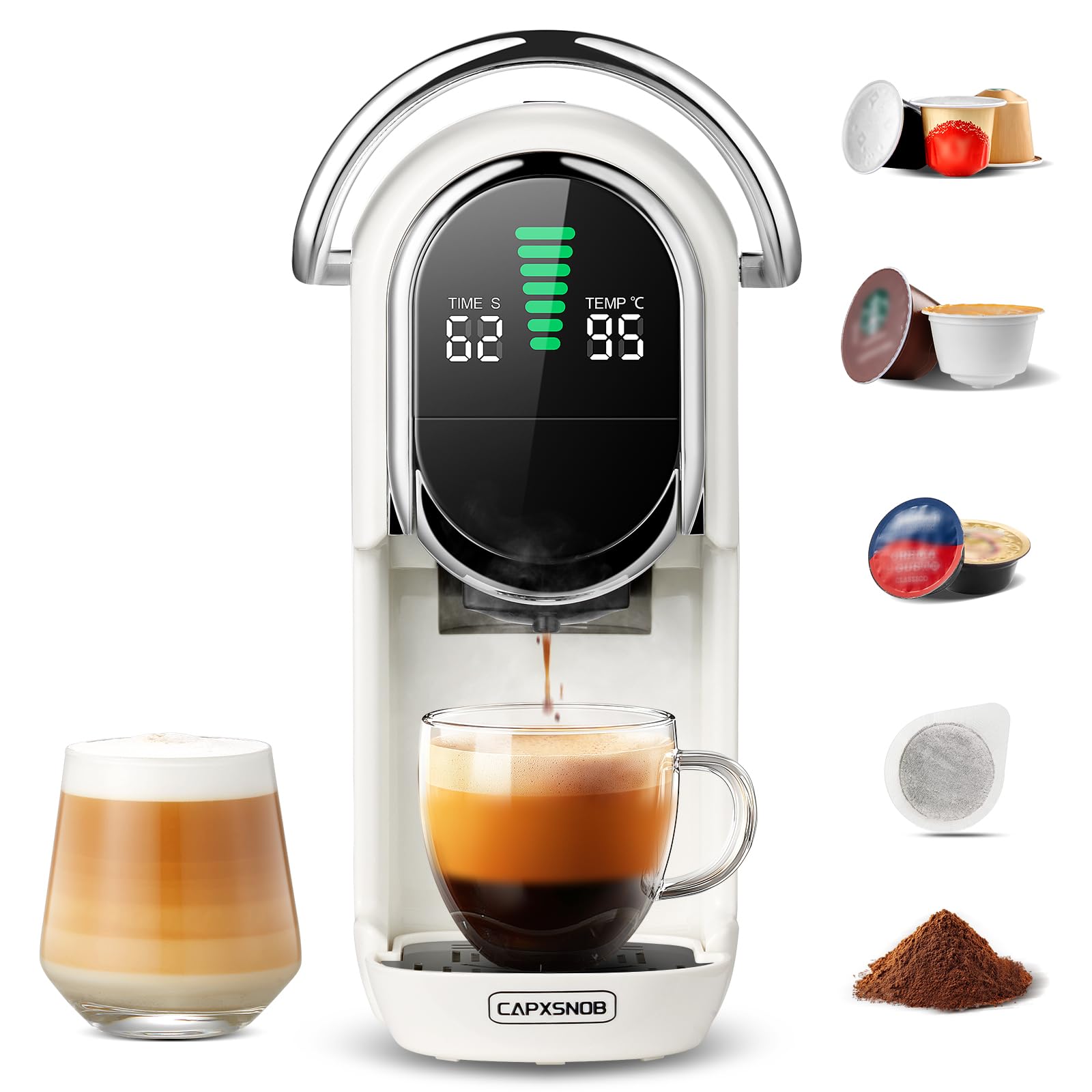 Magician1 Mini Macchina da Caffè Cialde 5in1 per Nespresso Originali, Dolce Gusto, Lavazza A Modo Mio, ESE 44 Cialde e Caffè Macinato, 20 Bar, 1450W, Display LED, Acqua Regolabili 7 Livelli (Bianco)