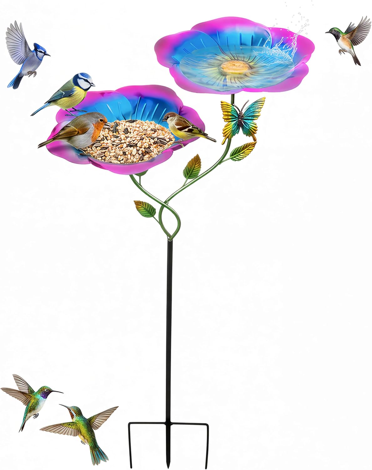 37.4 Inch Floral Metal Bird Bath for Outside - Standing Bird Feeder with Dual Flower Bowls Detachable Birdbath with Hummingbird Decor Metal Stake Base for Garden Yard Outdoor (Yellow)