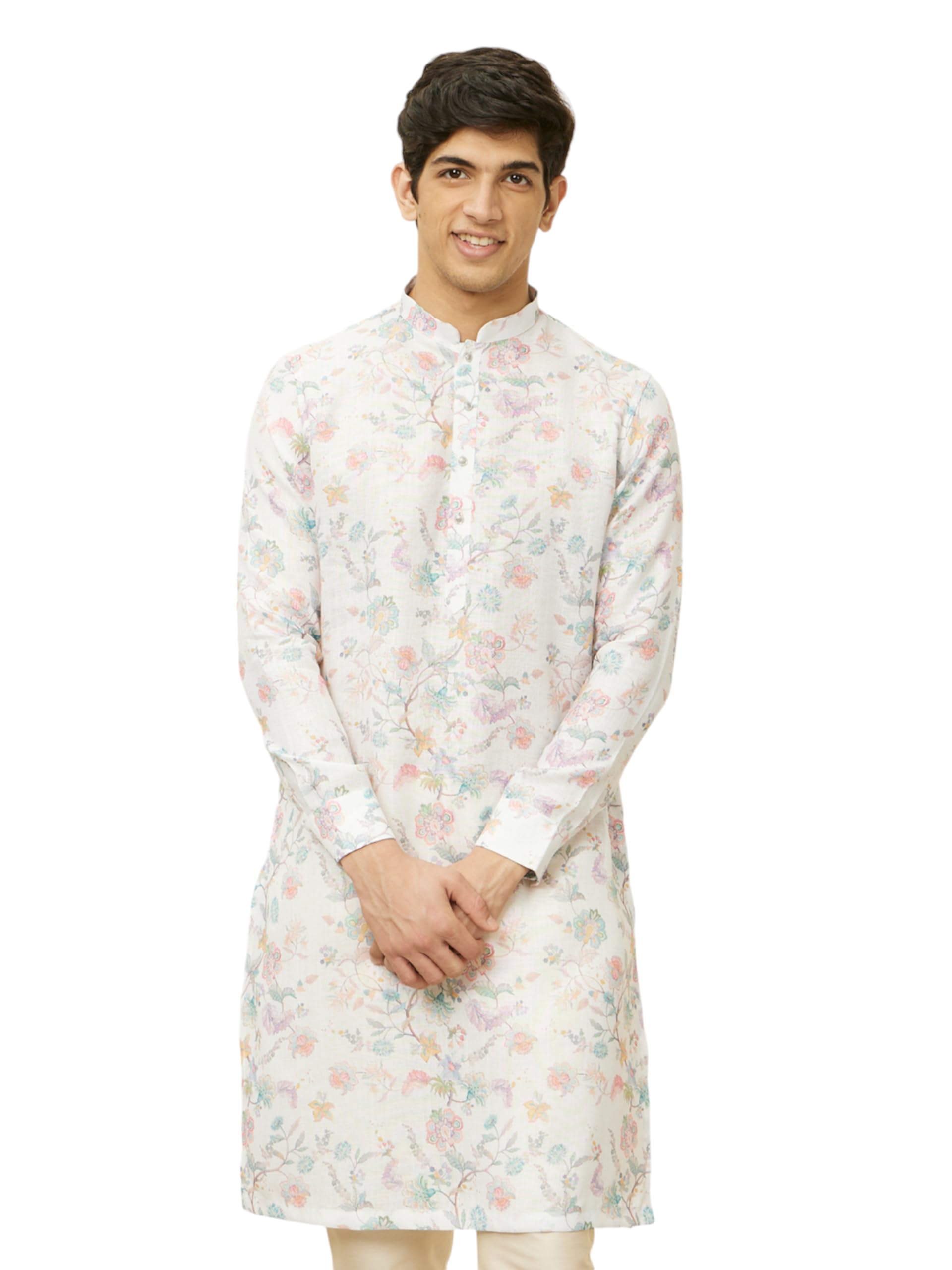 manyavar Men's Cotton Blend Floral Print Long Kurta (1pc)-picture-17