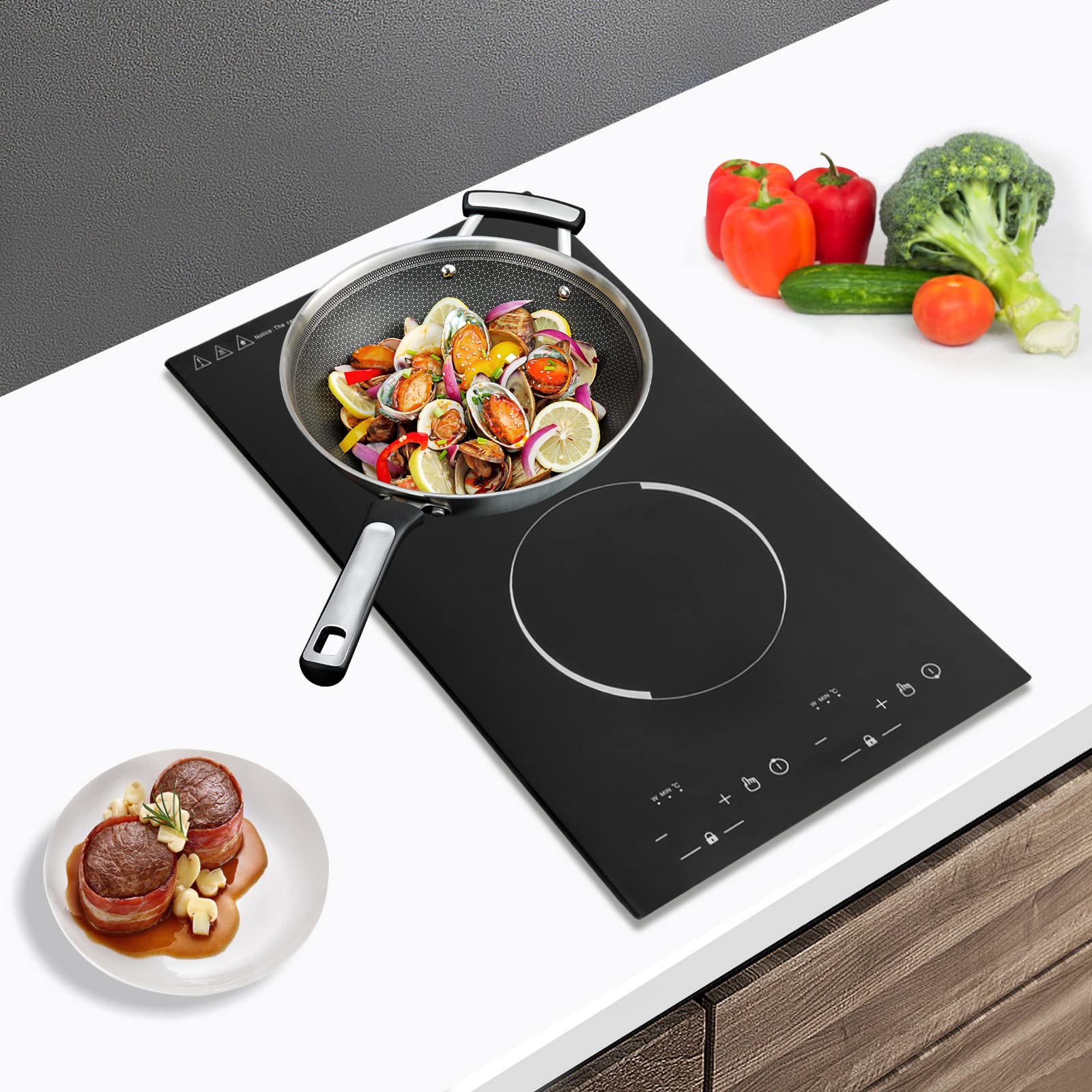 Electric Cooktop 2 Burner, Portable Induction Cooker with Burner Independent Control, Ultrathin Body,9 gears Temperature, 1200W+1100W-Multiple Power Levels, 110V-120V (Suitable for Pot 10.24in)