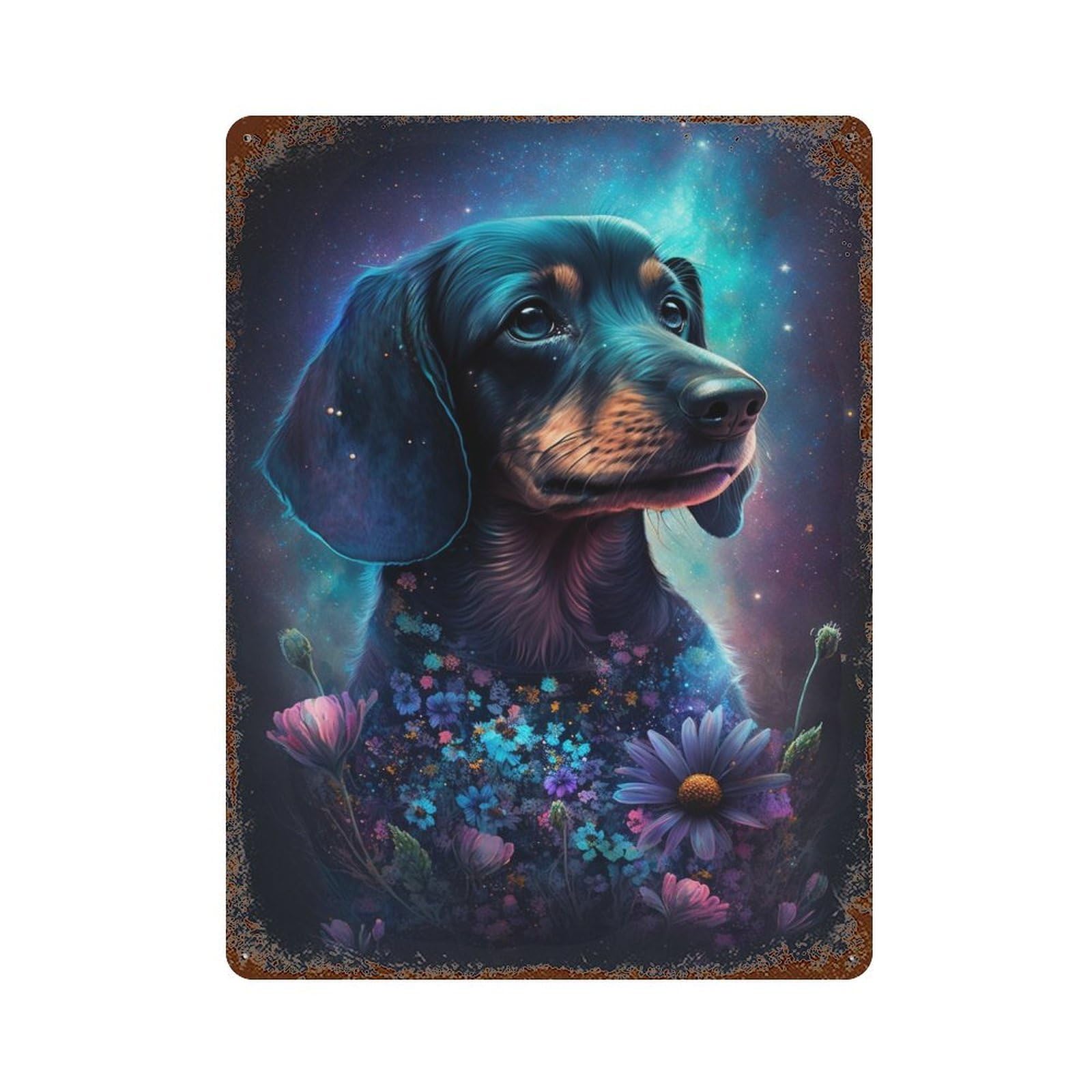 Galactic Dachshund with Flowers -6 Weathered Tin Sign 15.7"x11.8", Farmhouse Wall Decor for Garage, Pub Or Kitchen