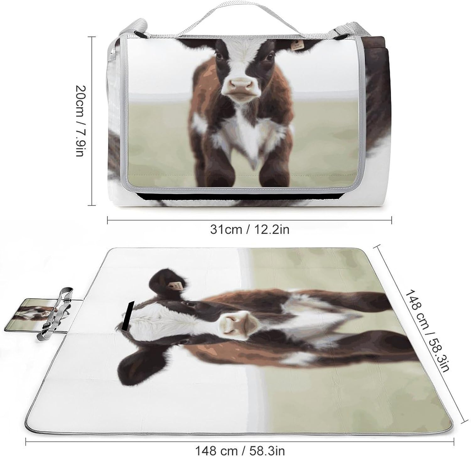 Baby Cow Waterproof Picnic Blanket 58.3''x58.3'',Portable and Foldable Picnic Mat with Handle,Outdoor Blankets for Lawn Park Beach Travel
