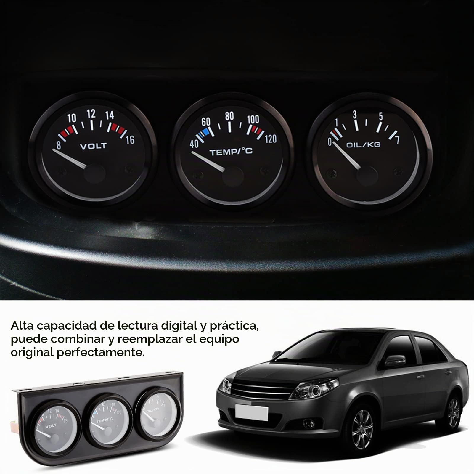 VOBOR Medidores Triples de 52 Mm Voltímetro, 3 en 1 Voltímetro Agua Termómetro Medidor De Presión De Aceite con Sensor para Automóviles y Camiones