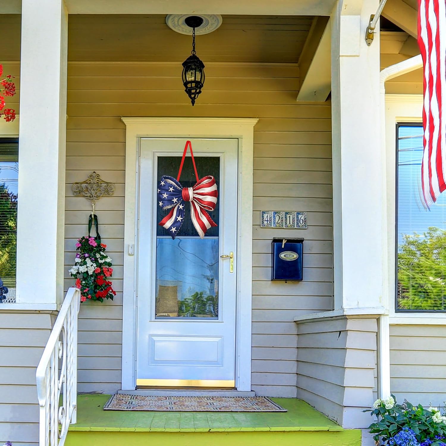 Whaline Patriotic Door Sign Outdoor Hanger USA Flag Bow Wooden Front Door Hanging Sign with Rope for 250th Anniversary 4th of July Independence Memorial Day Party Home Wall Porch Decorations
