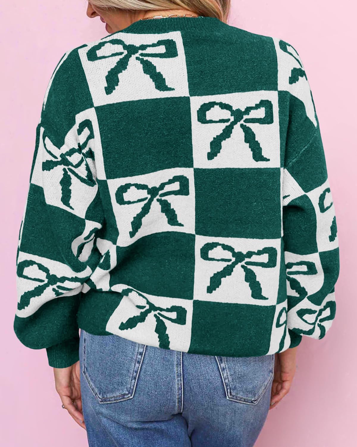 Saodimallsu Womens Color Block Bow Sweater Oversized Crewneck Long Sleeve Knit Warm Pullover Tops - Image 5