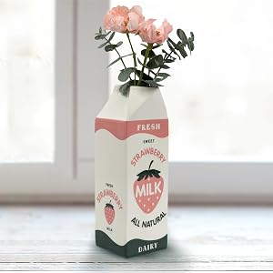 Retro Strawberry Milk Carton vase –Vintage Inspired Kawaii Ceramic -Pink Strawberry Flower vase -Cute Accent Decor for Your Home Kitchen Office