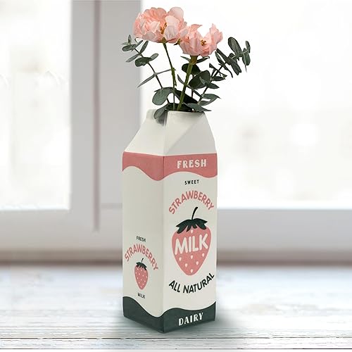 Jarrón retro de cartón de leche de fresa, cerámica Kawaii de inspiración vintage, florero de fresa rosa, bonita decoración para tu hogar, cocina,