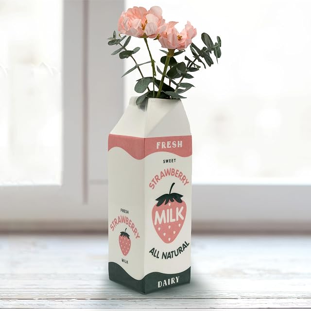 Vase rétro de lait de fraise Carton –Vintage Inspiré Kawaii Céramique - Vase de fleur de fraises de rose -Décor Accent mignon pour votre bureau de cuisine maison