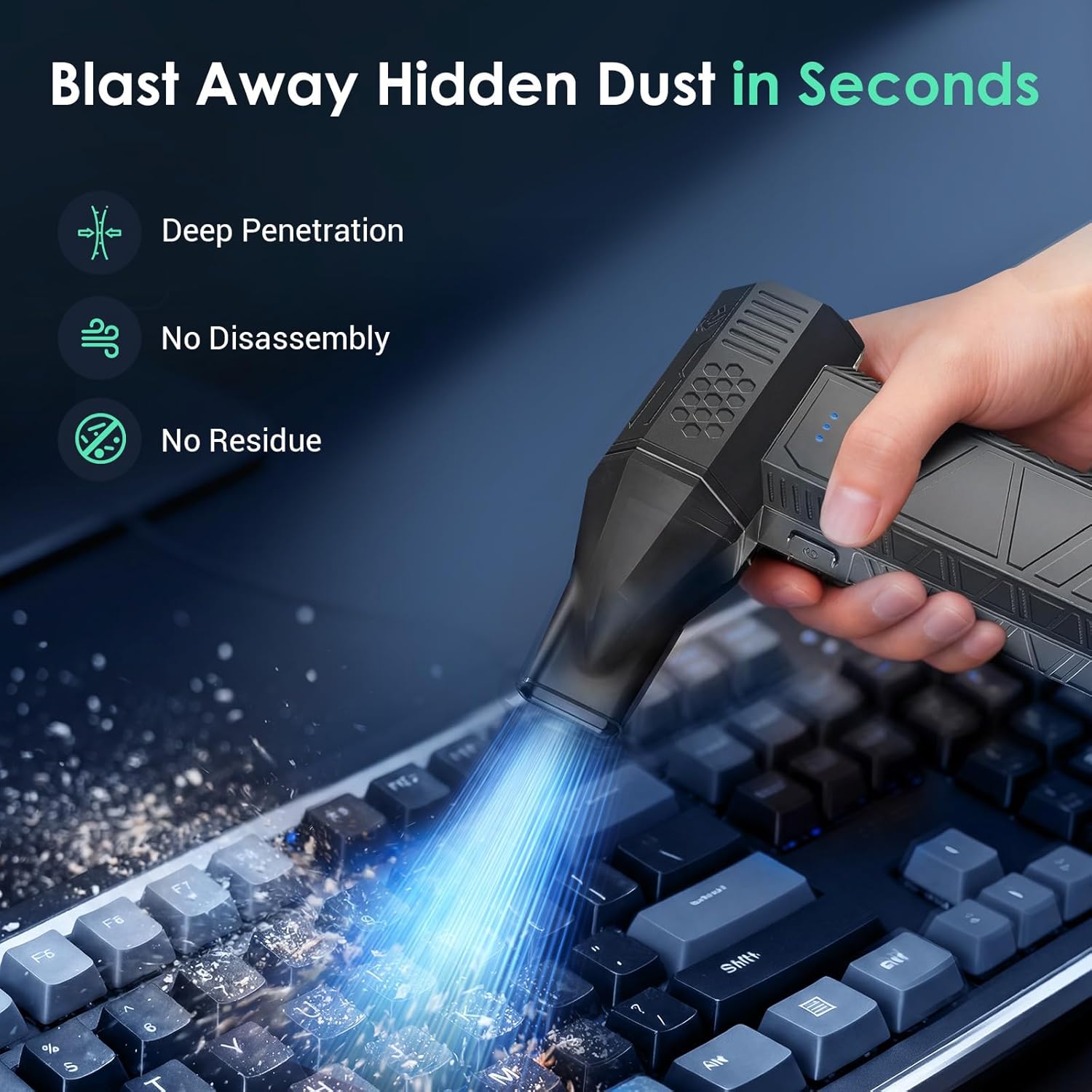 YOTON YE01 Compressed Air Duster blowing dust off a computer keyboard.