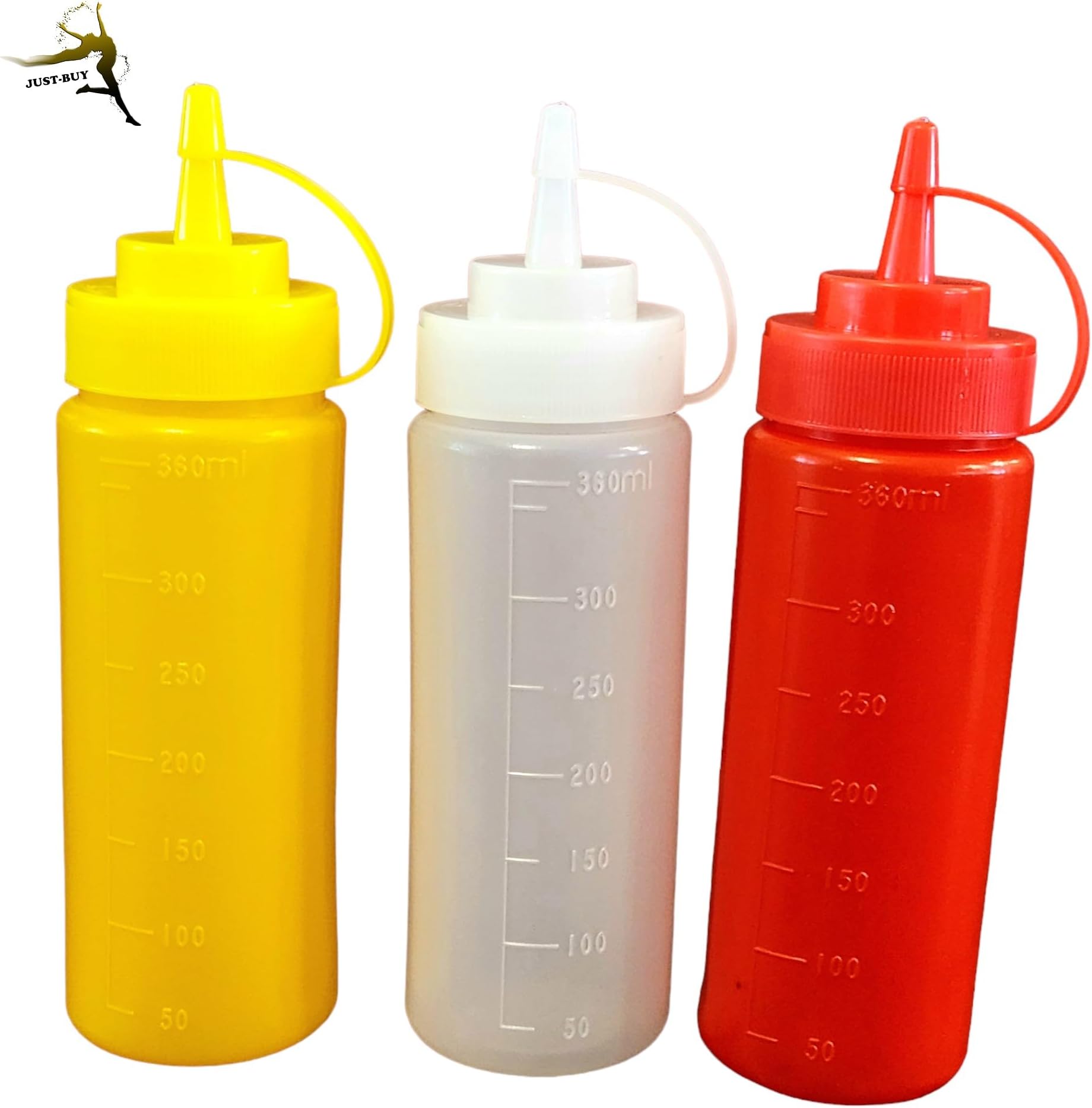 JUST-BUYCondiments Squeeze Bottles Ketchup Mustard Mayo Dressing, Oil, Vinegar, BBQ sauce, Craft, Squirt Dispenser with Leak Proof Cap - 12 Oz, BPA Free, 3 Pack, Red/Yellow/White