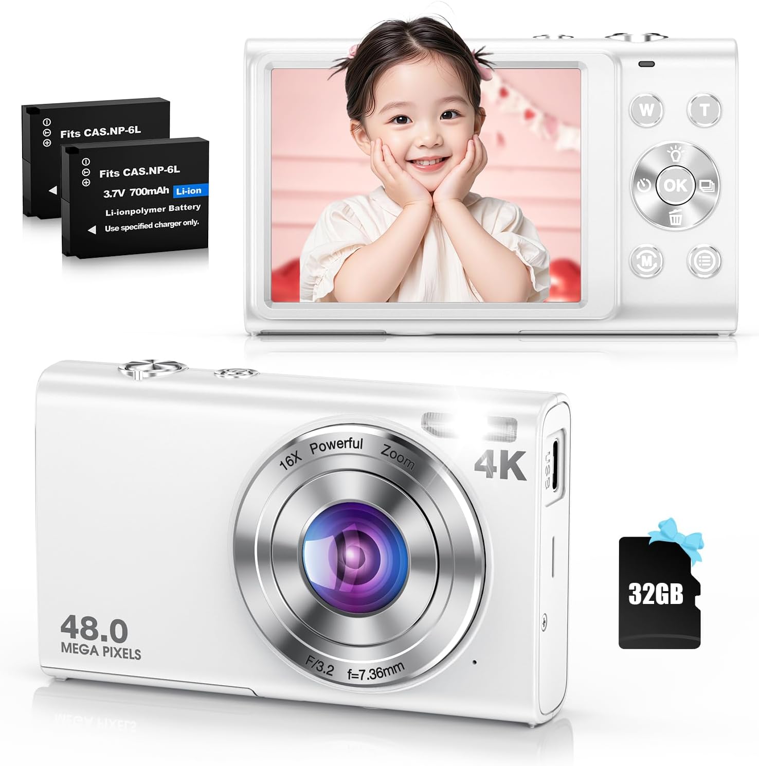 Digital Camera, 4K Digital Camera, Auto Focus, 48 Million Pixels, Conditial, 16x Digital Zoom, Image Stabilization, Vlog Selfie, Compact Camera, 2.8 Inch IPS Screen, 32 GB MicroSD Card Included, 2 Batteries, Lightweight, Portable, For Beginners, New Year's Party, Christmas, New Year, Travel