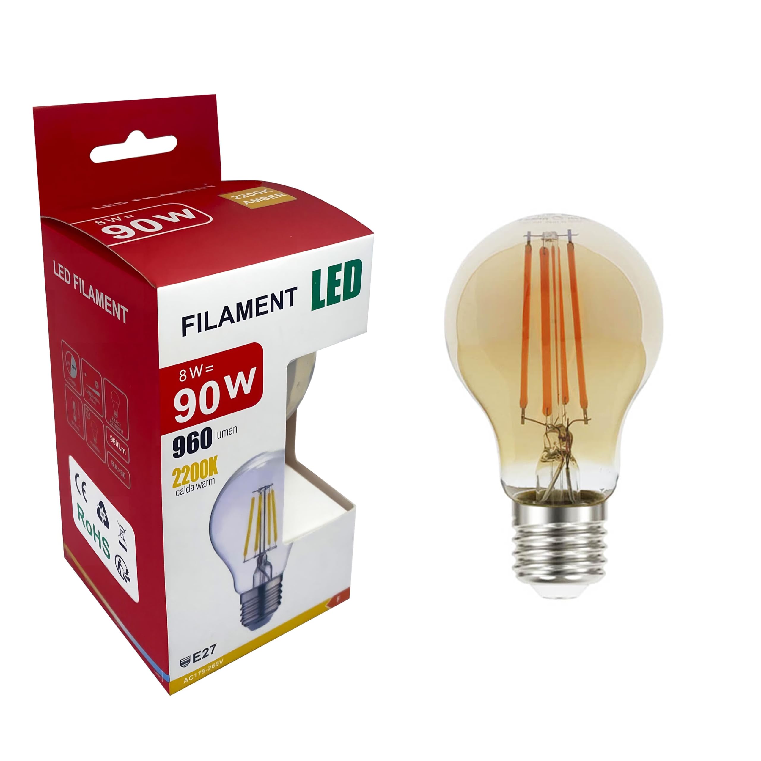 FactorLED Bombilla Filamento LED 8W, 960Lm, Casquillo E27, Forma A60, Regulable, Luz Cálida 2200K, Estilo Vintage Dorado, Pack 10 Unidades