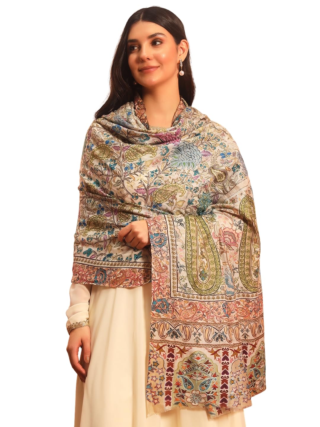 pashmoda Women Rangkaar Fine Wool Fabric Pashmina Kalamkari Embroidered Shawl (Size: 40x80in, 101x203cm)-picture-52
