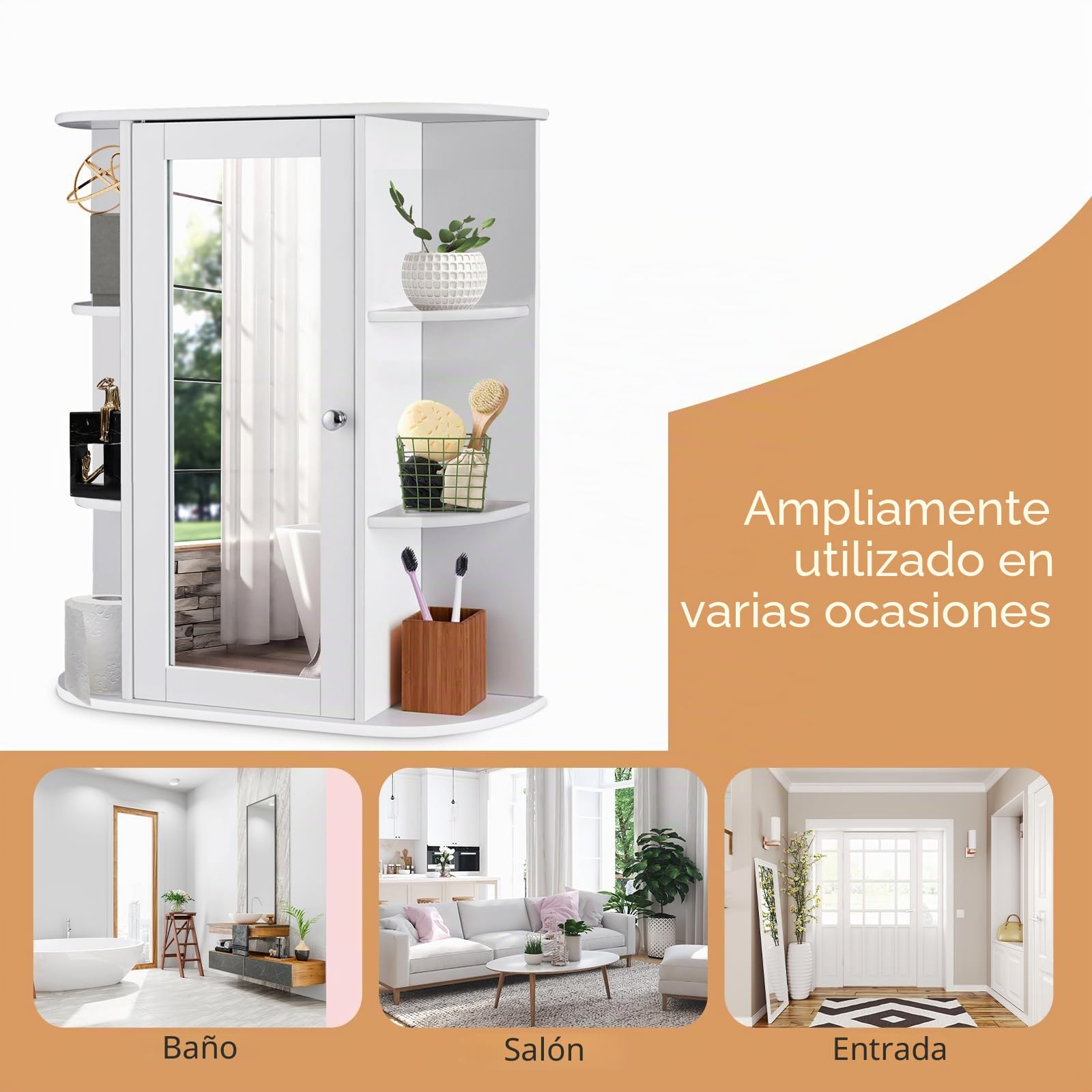 LIFEZEAL Armario de Pared con Espejo de Baño, Mueble de Almacenamiento con 6 Compartimentos Abiertos y Estante Ajustable, Armario Montado en Pared con Puerta para Salón, Cocina, Dormitorio (Blanco)