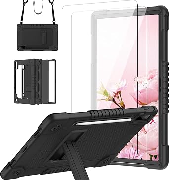 for Lenovo Tab P12 2023 Case with Screen Protector Shockproof Protective Case Built in Pen Holder Shoulder Strap Kickstand Hybrid Case for Lenovo Tab P12 TB-370FU/Xiaoxin Pad Pro Black&2 Pcs