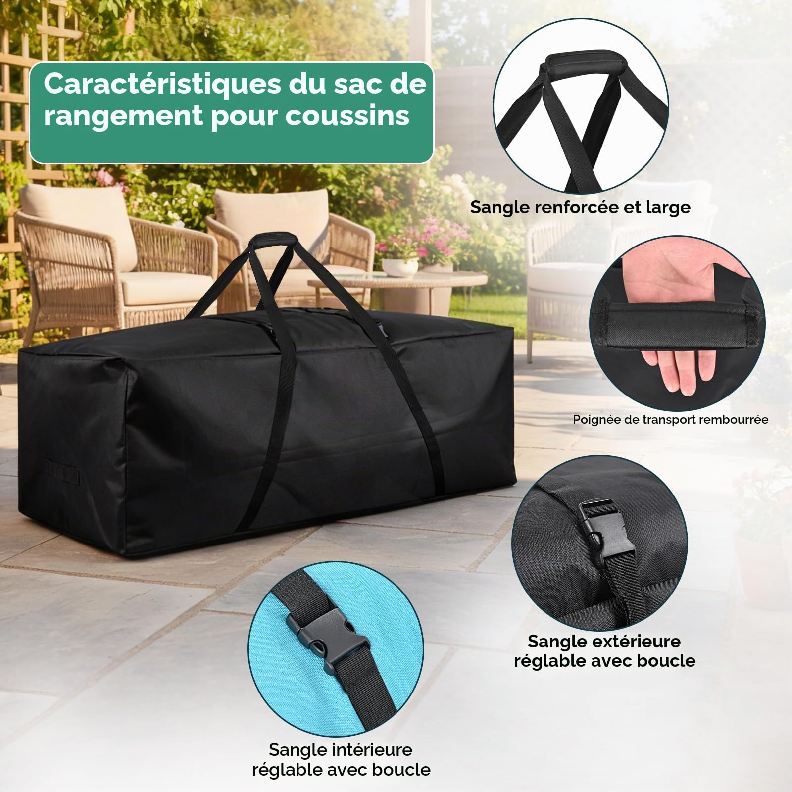 FAMIROSA Sac de Rangement pour Coussins de Jardin et Sac de Rangement imperméable, Anti-UV Tissu 600D Oxford, Fermeture éclair Durable et poignées pour Coussins d’extérieur (172x76x51cm)