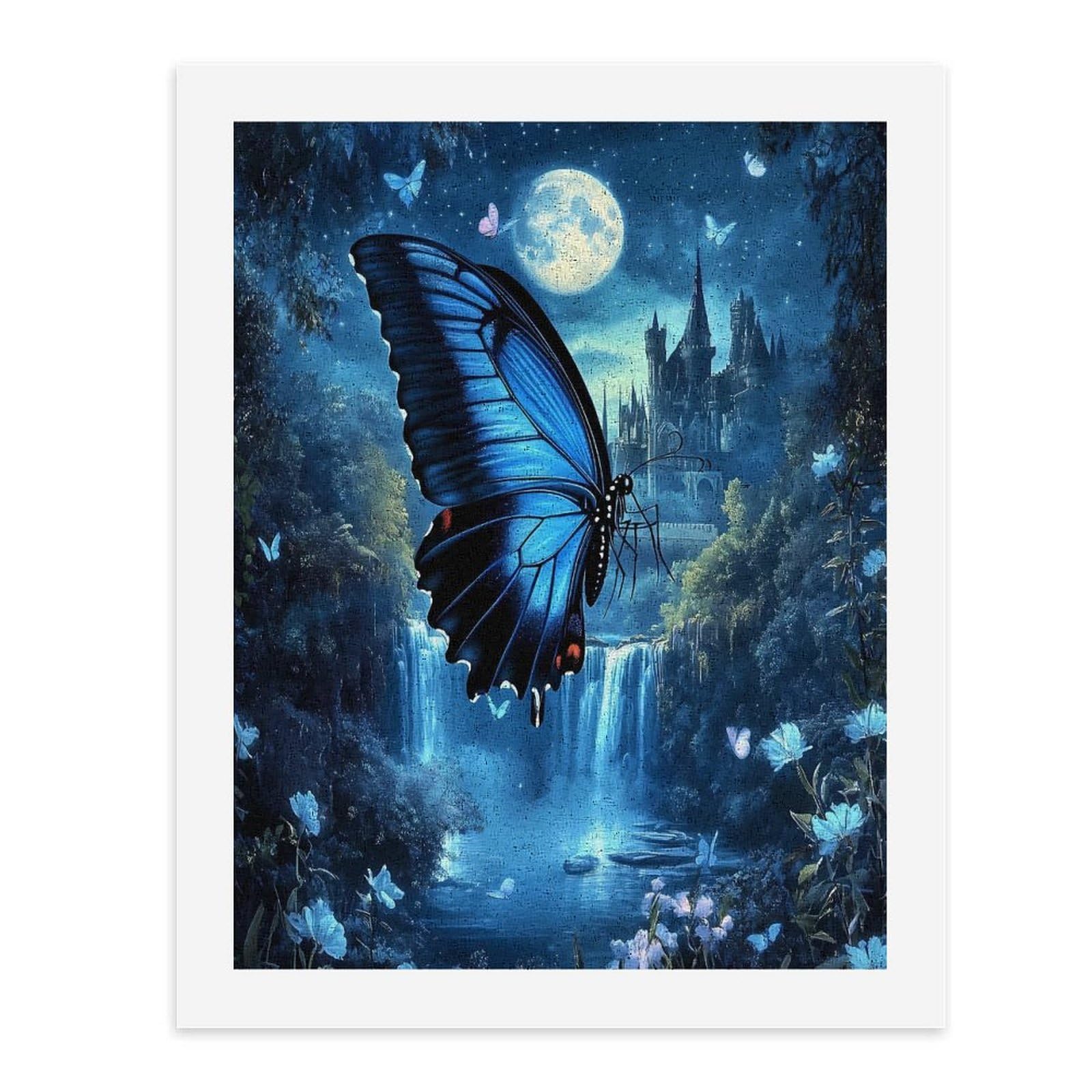 Lustiges Malen nach Zahlen für Erwachsene, Motiv: blauer Schmetterling, Schloss, Mond, vertikal, Baumwolle, digitales Ölgemälde, Heimdekoration, Geschenk, 65 x 50 cm