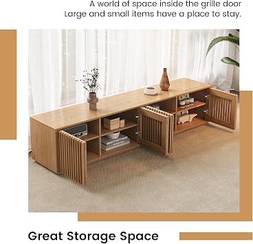 Extra Long 160cm TV Stand with Storage, Wooden Media Unit with Fluted Slatted Doors, Modern Lowboard TV Cabinet for Living Room, Entertainment Unit for Large TV (FURTOGUYI-TV-160-OAK)
