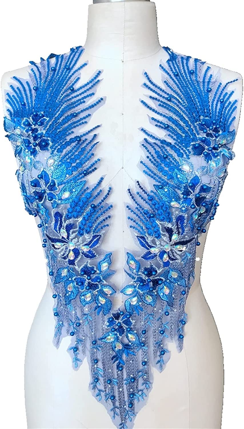 Krxsobnv Blu Beads Rhinestones Lace Appliques Drilling Flower Patches Handmade Accessories For Dresses Costumes ，Sewing Appliqués(Blu)