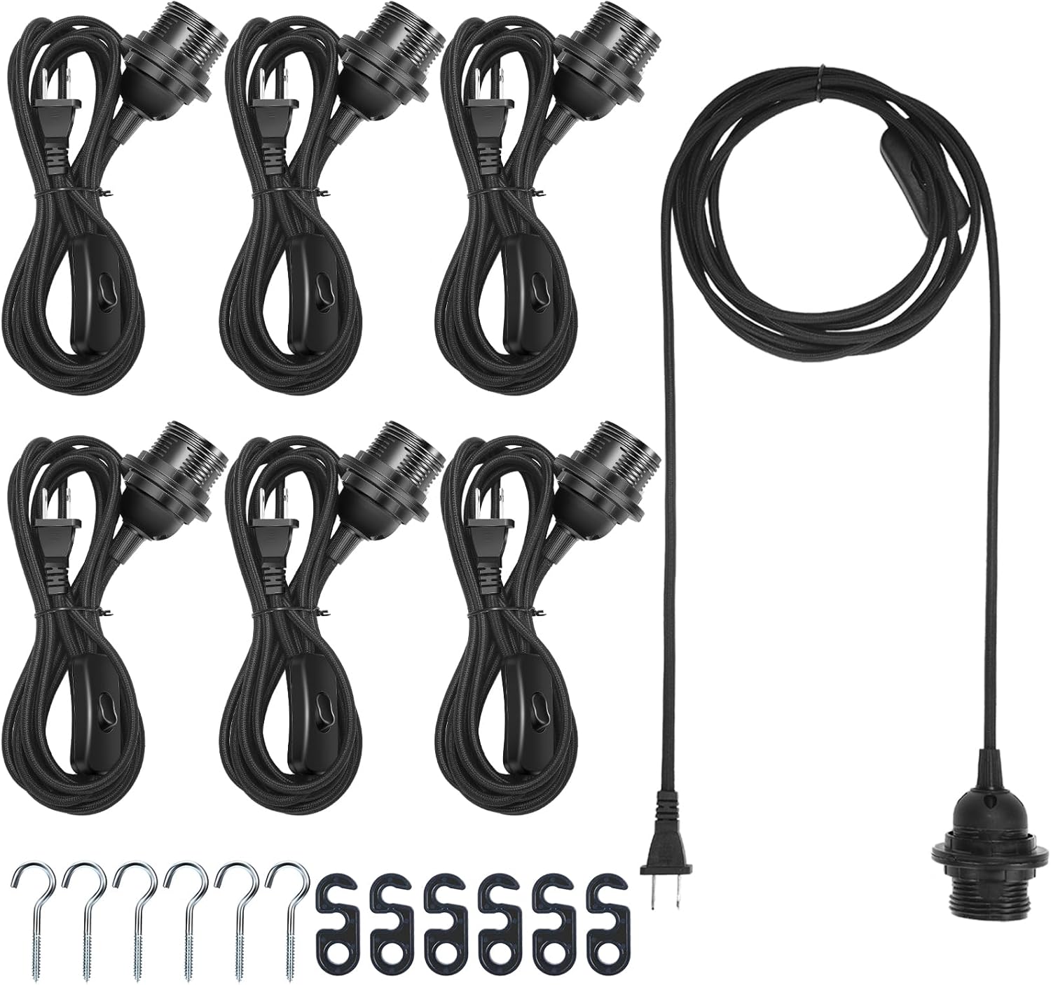 6 Pack Plug in Hanging Light Kit for Christmas E26/e27 Extension Hanging Lantern Pendant Light Lamp Cord Cable 12 ft Cord with On/Off Switch Lamp for Bedroom Living Room(Black)