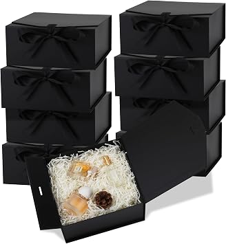 OEMVALATY 8-Pack Gift Boxes,12x8x4.5 Inch Magnetic Gift Boxes with Lids for Presents,Black with Ribbon, Bridesmaid Proposal Box for Wedding, Storage, Birthday