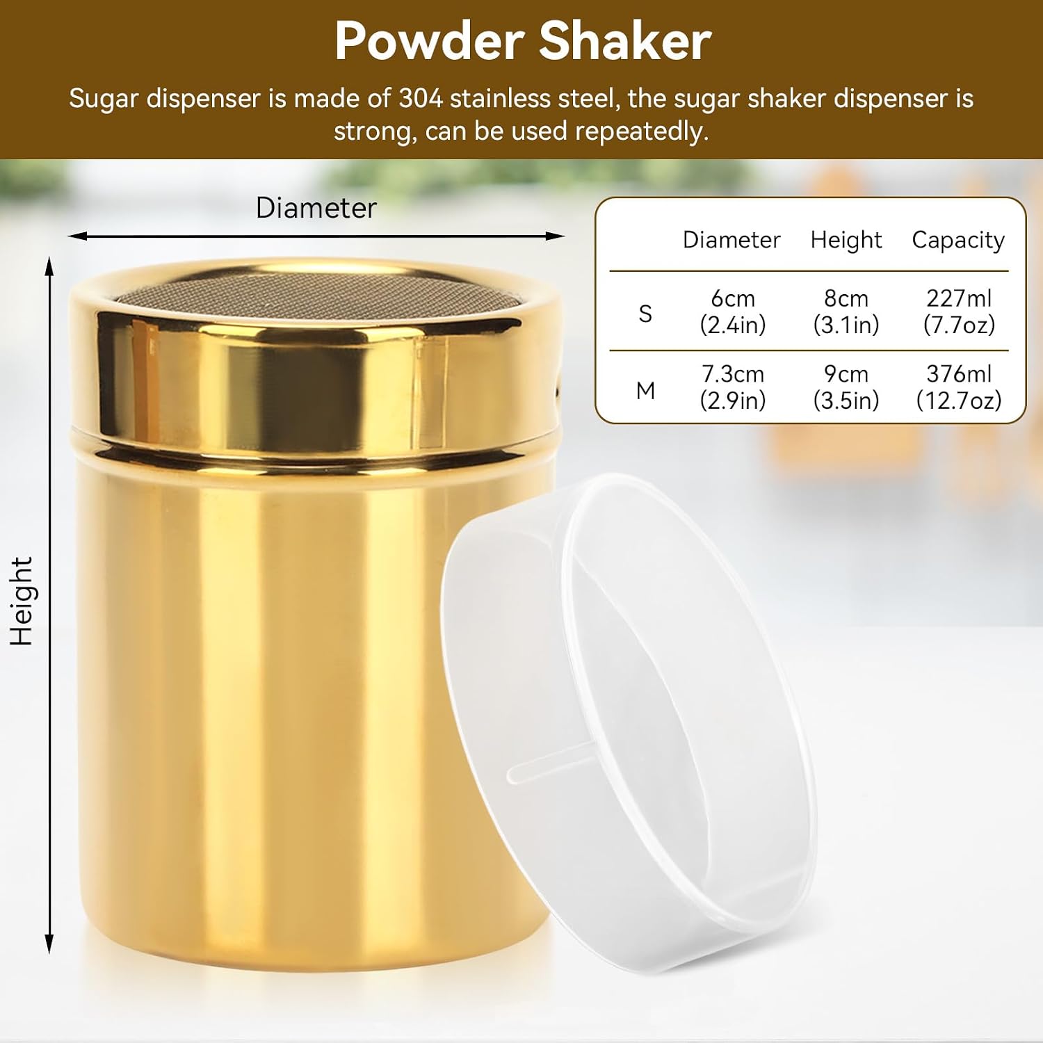 2Pcs Powdered Sugar Shaker Duster, Cinnamon Shaker Flour Sifter Stainless Steel Fine Mesh Powder Shaker Jar for Coffee Cocoa Cinnamon Powder with Lid