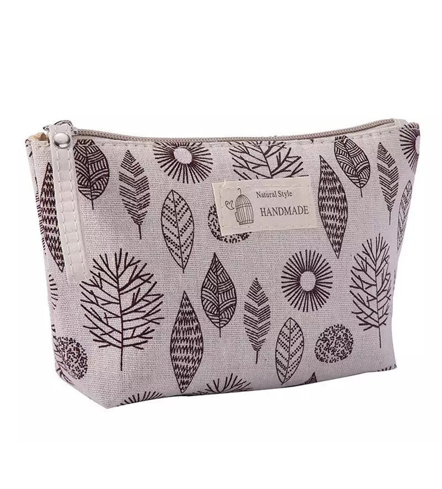 House of Quirk Canvas Cosmetic Bags Printed Makeup Bag Multi-Function Travel Organizer Pouch With Zipper For Women Girls Vacation Travel (White/Brown Leaf),W-5.5 Cm, Free Size-picture-12