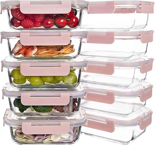 Paquete de 10 recipientes de vidrio de almacenamiento de alimentos de 22 onzas con tapas, recipientes de preparación de comidas, recipientes