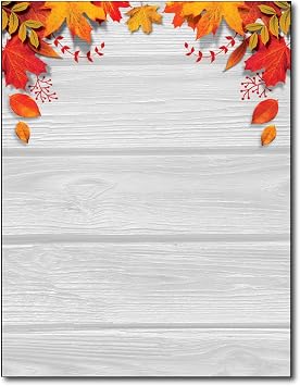 Fall Leaves over Wood Stationery Paper - 80 Sheets - 8.5 11 Autumn Letterhead with Rustic Harvest Border for Festivals & Thanksgiving - Made in the USA