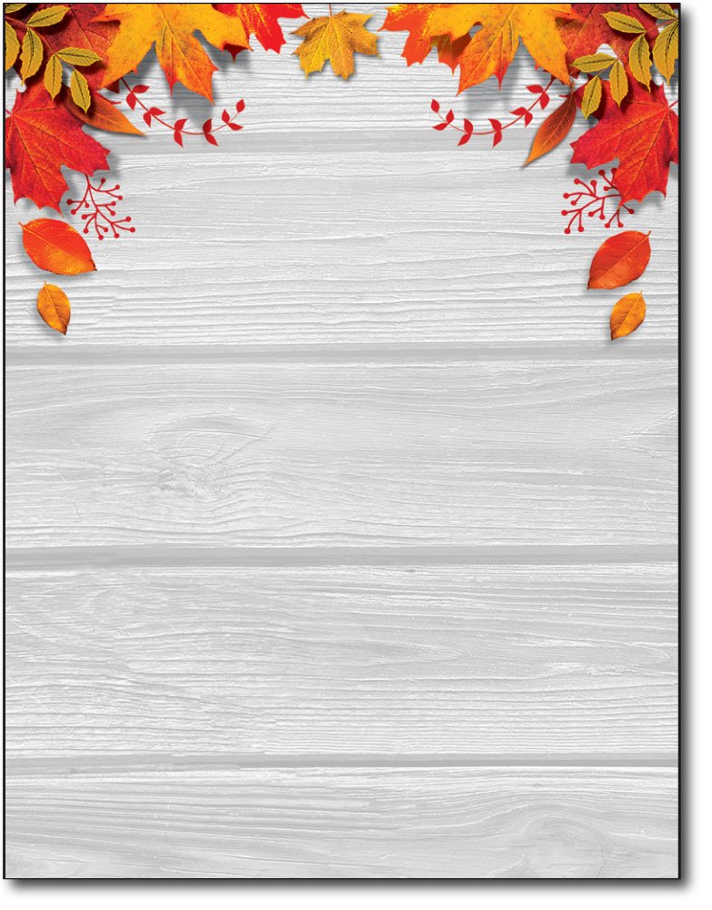 Fall Leaves over Wood Stationery Paper - 80 Sheets - 8.5 × 11″ Autumn Letterhead with Rustic Harvest Border for Festivals & Thanksgiving - Made in the