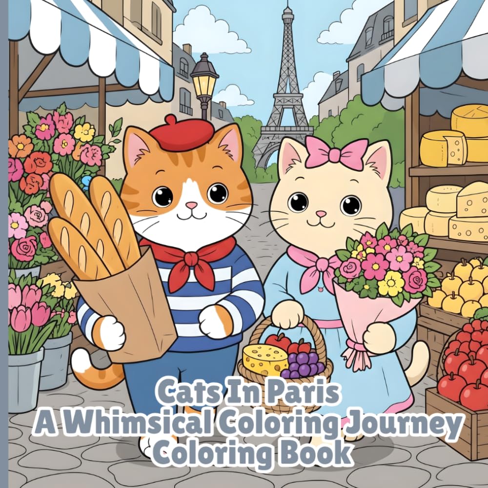 Cats In Paris A Whimsical Coloring Journey: All Ages Coloring Book Featuring Flowers, Cats, Scenes, Bold and Easy Designs