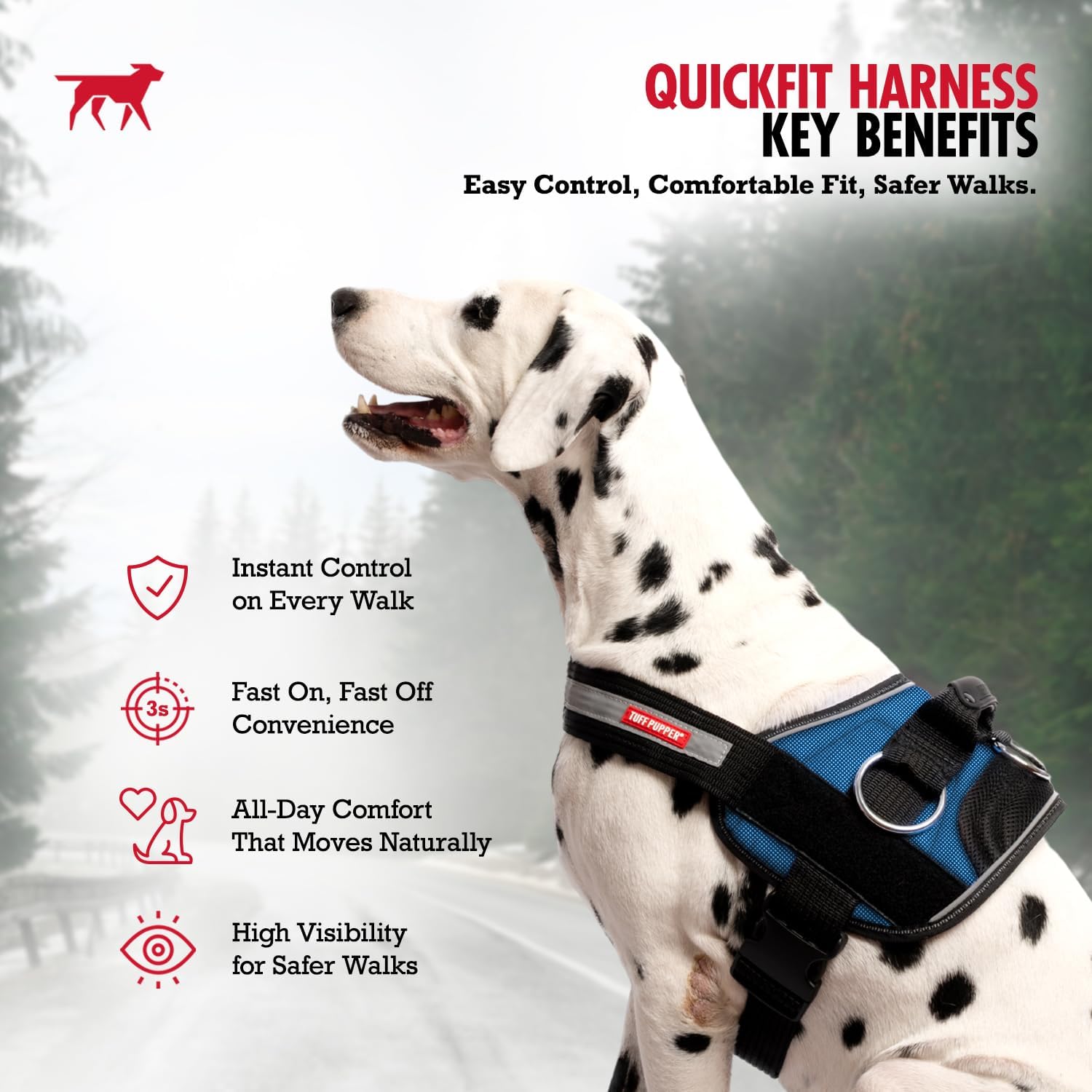 Tuff Pupper Fast Fit Harness for Extra Large Dogs | No Pull No Choke, Escape-Proof | Rugged Padded Breathable Vest | Traffic Control Handle | 3 Leash Clips | Reflective Trim | Easy On Off (XL, Blue)