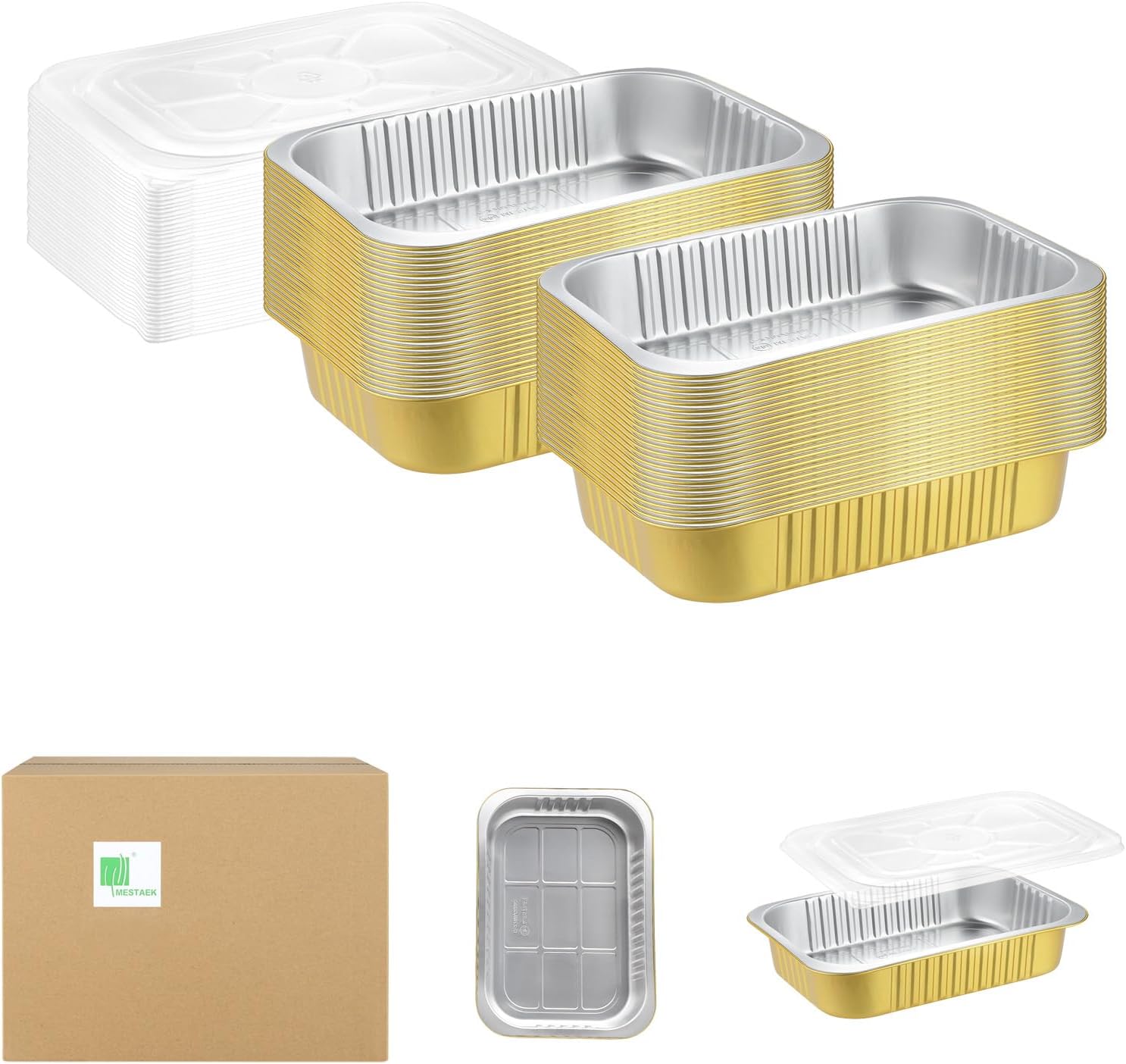 11" × 7.5" Aluminum Foil Pans with Lids (50 Pack), Extra Thick Heavy Duty Disposable & Reusable Food Containers for Baking, Cooking, Meal Prep, Catering, 2200ml / 74oz (Champagne Gold)