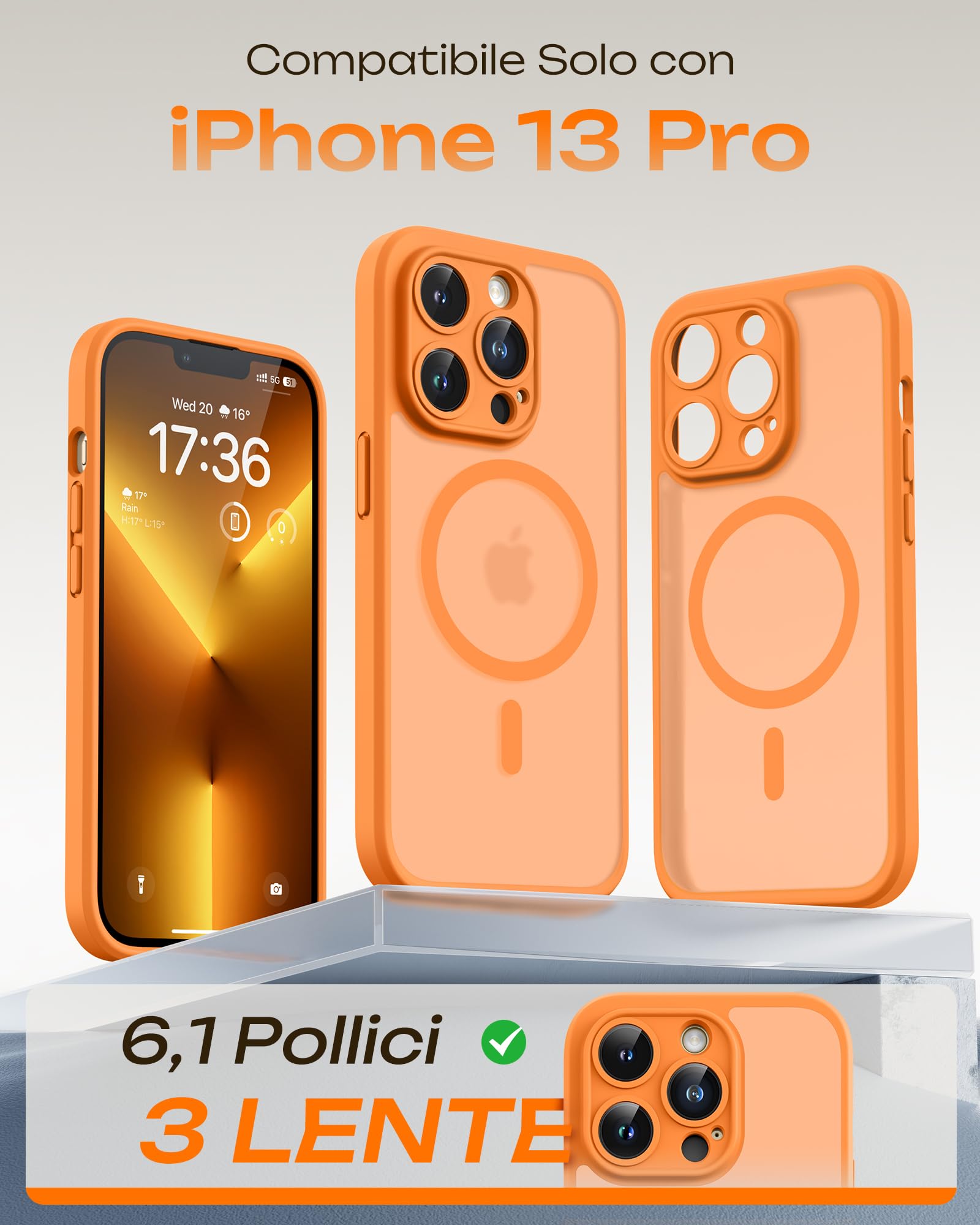 TOCOL Cover Magnetica per iPhone 13 Pro 6,1 Pollic, Compatibile con MagSafe, Protezione Fotocamera Integrata, Custodia Antiurto Traslucida Opaca, Arancione