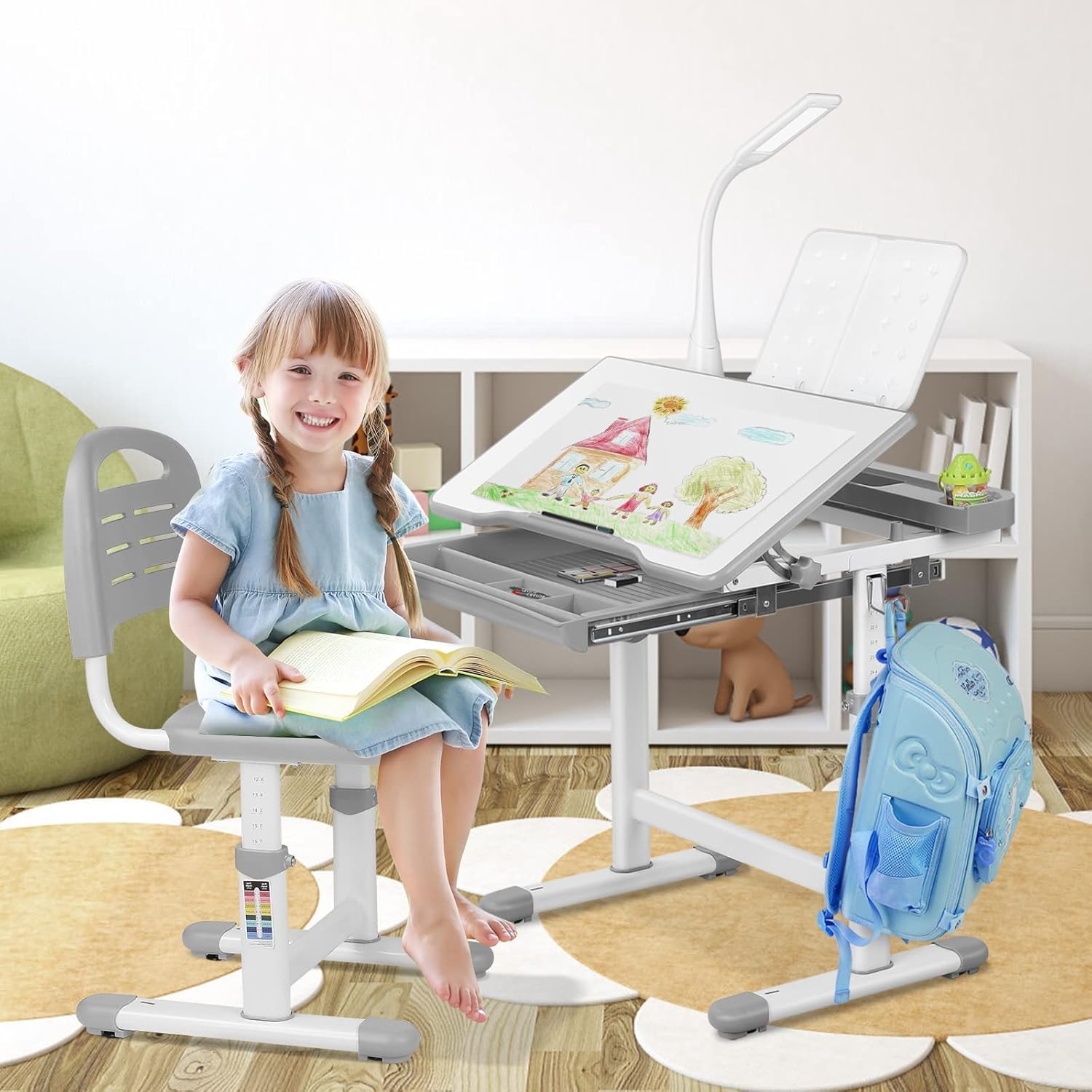 Clevich Höhenverstellbarer Schreibtisch und Stuhl Set, Kinderschreibtisch mit Lampe, Jugendschreibtisch, Multifunktionaler Schülerschreibtisch mit Stuhl und Schublade (Grau)