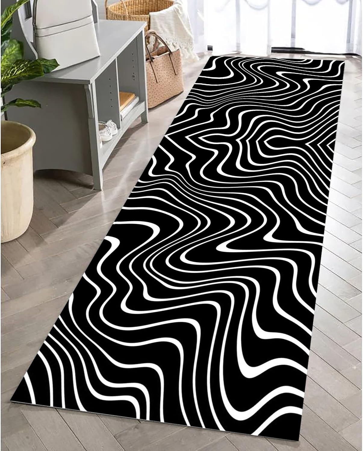 PDENZG Black and White Striped Carpet,60x120cm,Bohemia Black and White Rugs，Modern Abstract Washable Kitchen Mat Rug,Non-Slip Low-Pile Soft Hallway Runners,for Entrance Bathroom Living Room