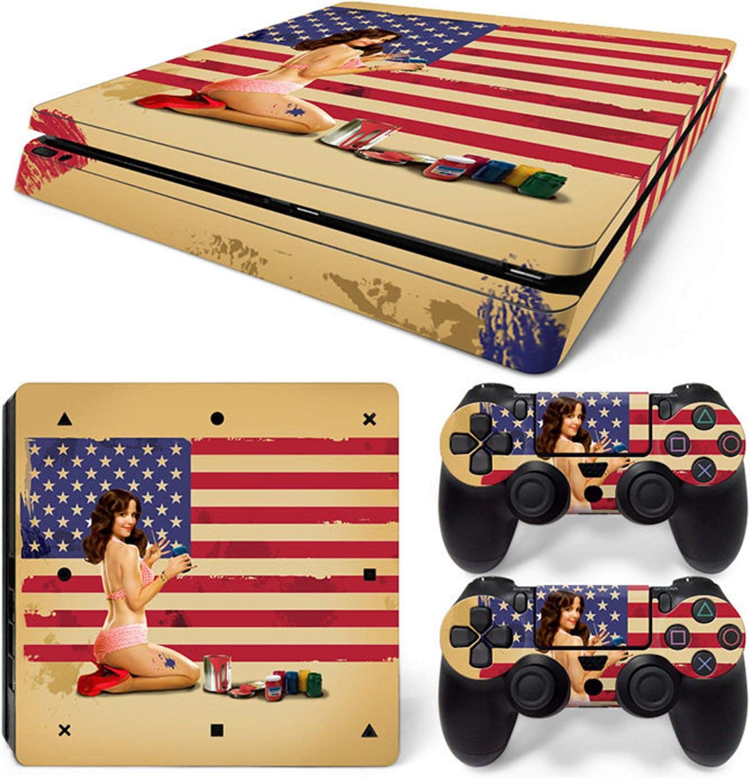 ZOOMHITSKINSPS4 Slim Skins, Sexy Girl America Woman USA Vintage Flag Red Blue Classic Old, Durable, Bubble-Free Goo-Free,Cover Set of 2 Controller Skins 1 Console Skin, Made in USA