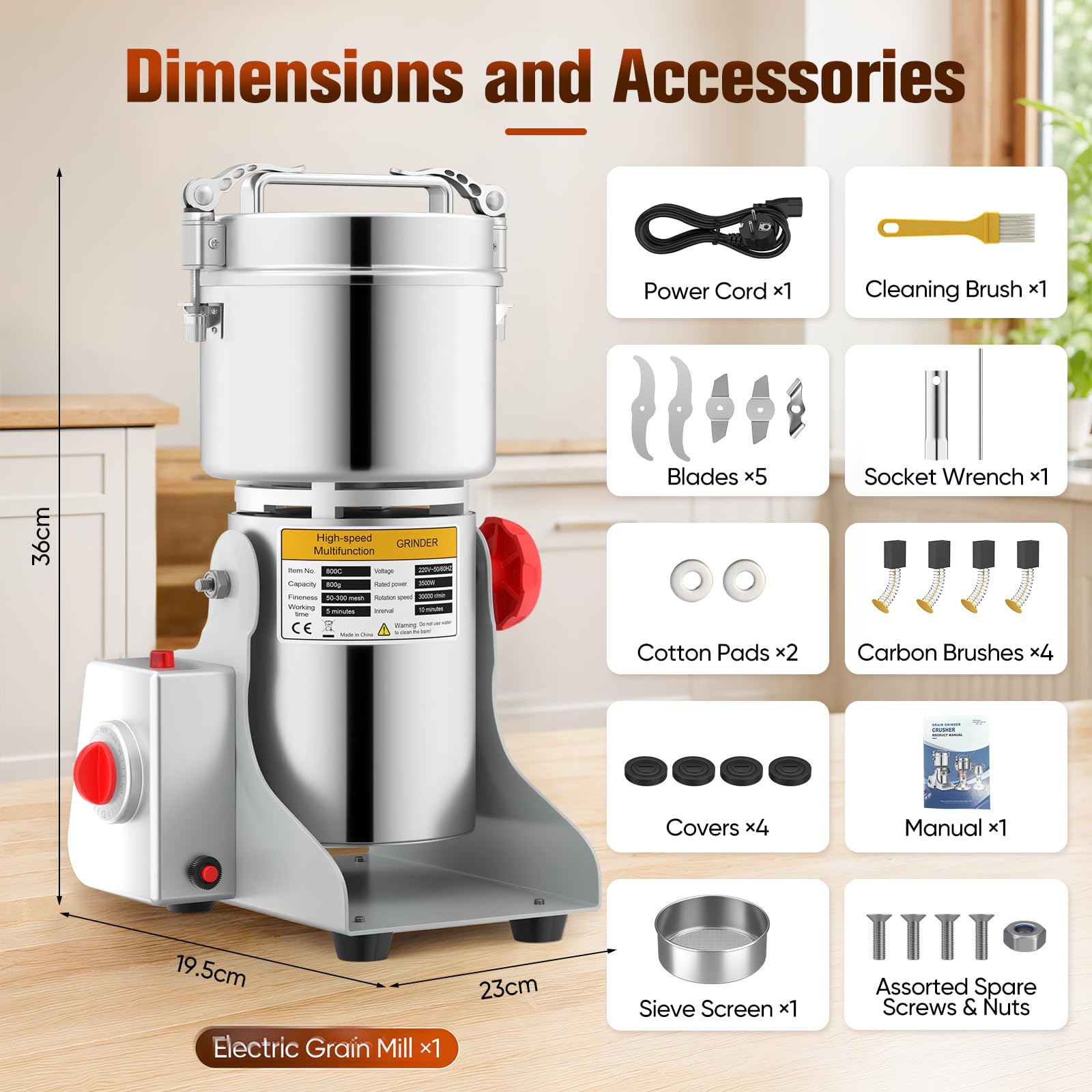 Molinillo de granos 800 g, 3500 W, 30000 RPM, eléctrico de especias con temporizador 5 min y tamiz, acero inoxidable, para hierbas, frutos secos, granos de café, uso doméstico y comercial