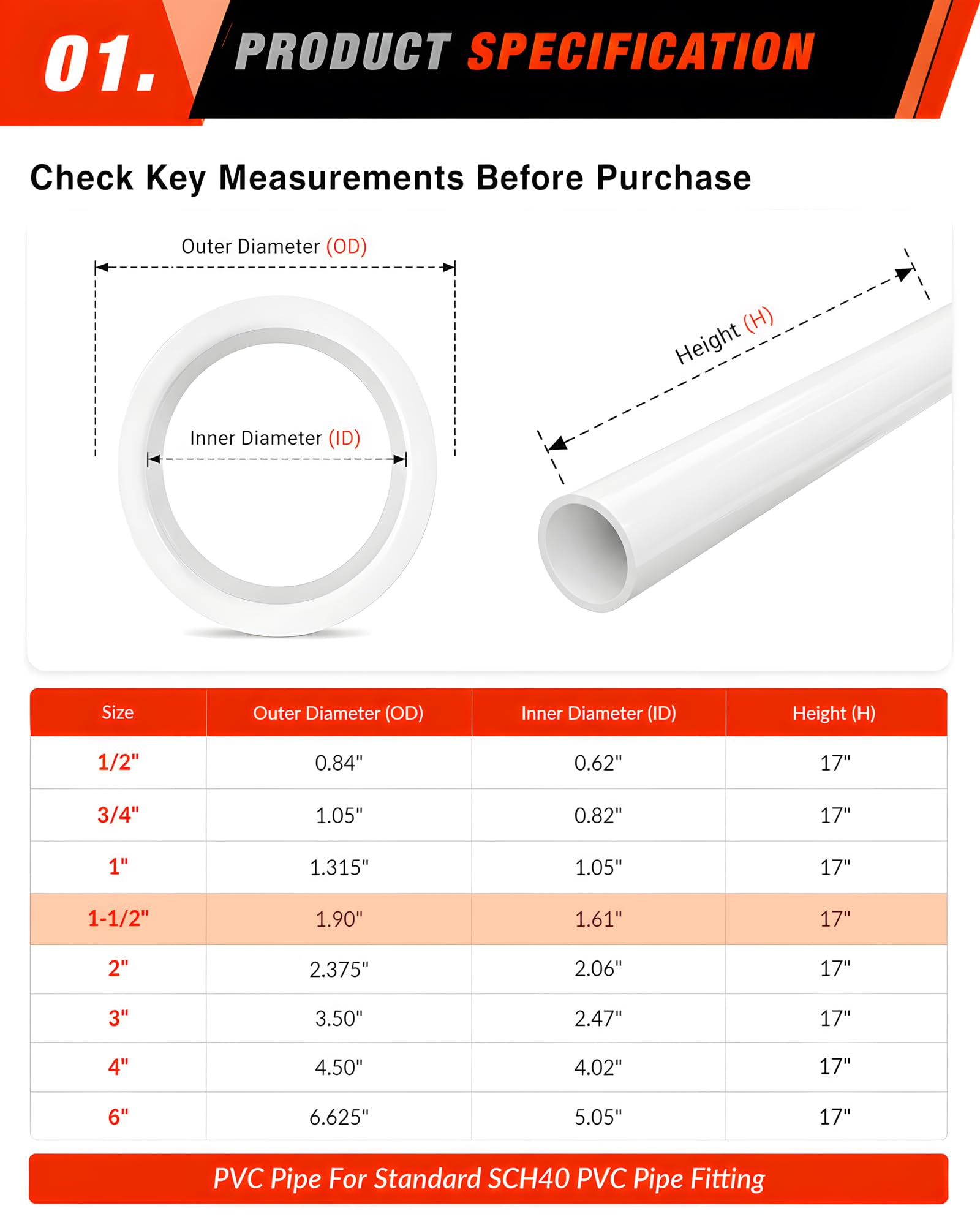 5 tubi in PVC da 3,8 cm, lungo 43 cm, 40 tubi in PVC per progetti fai da te, tubi in PVC di grado per mobili, per serre, giardino, fattoria, officina, scaffali, telaio per mobili, bianco