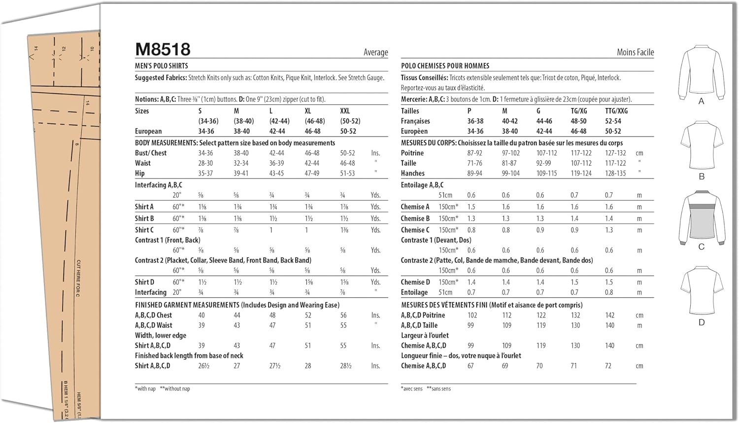 McCall's M8518A Men's Fitted Polo Shirts Sewing Pattern Packet, Design Code M8518, Sizes S-M-L-XL-XXL