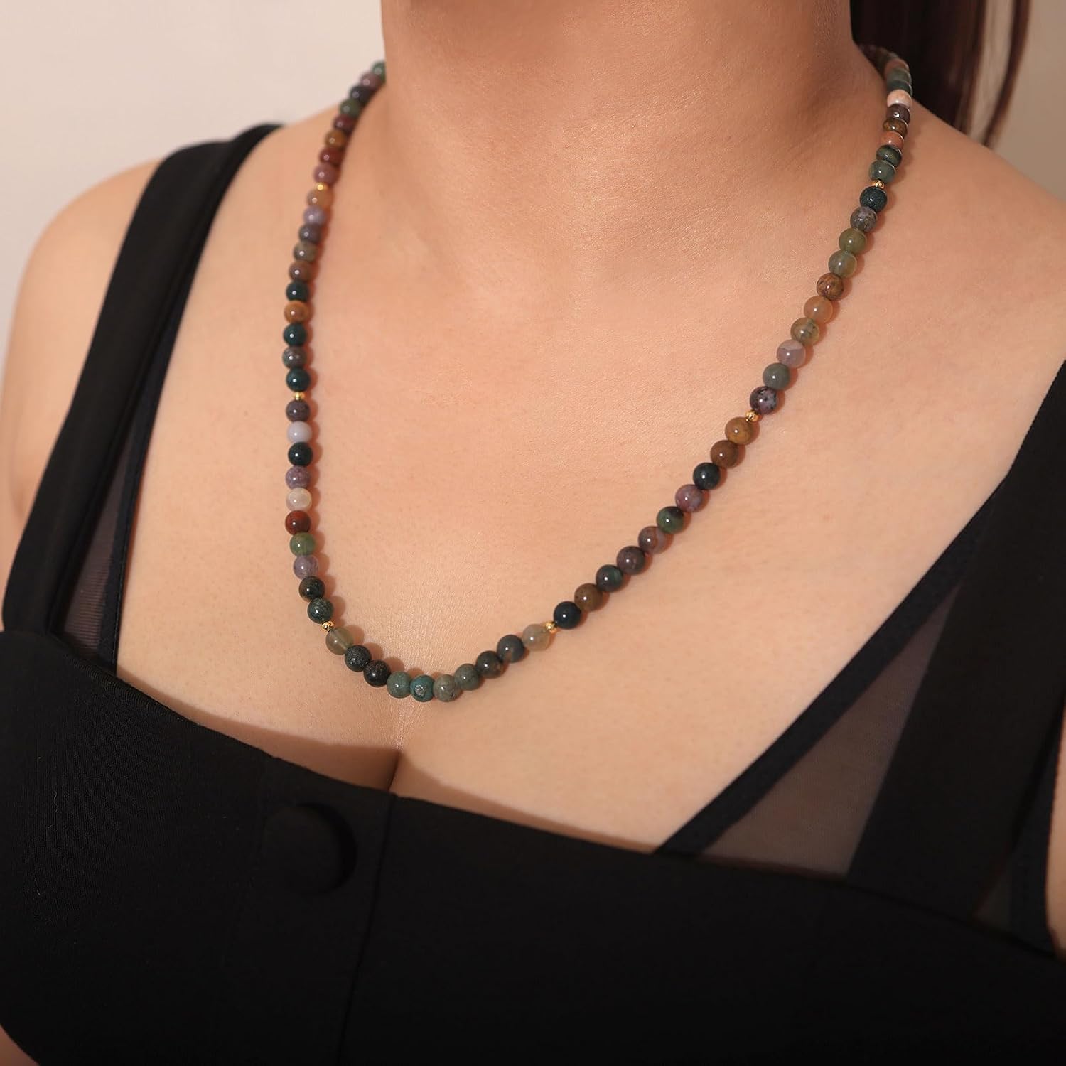 Spiritual 6mm Indian Agate Long Necklace Prosperity Jewelry 24in | Unisex, 60cm in Length, Necklaces for Women and Men, Classic Toggle Clasp Closure, Handmade, Unique Color Gemstones