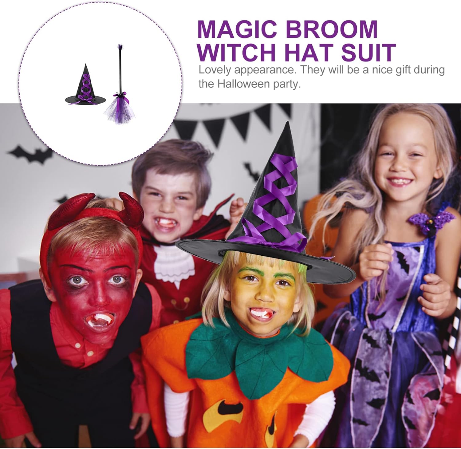 TOYANDONA Halloween Witch Broom Hat Set - Witch Hat with Flying Broomstick for Kids (Green)