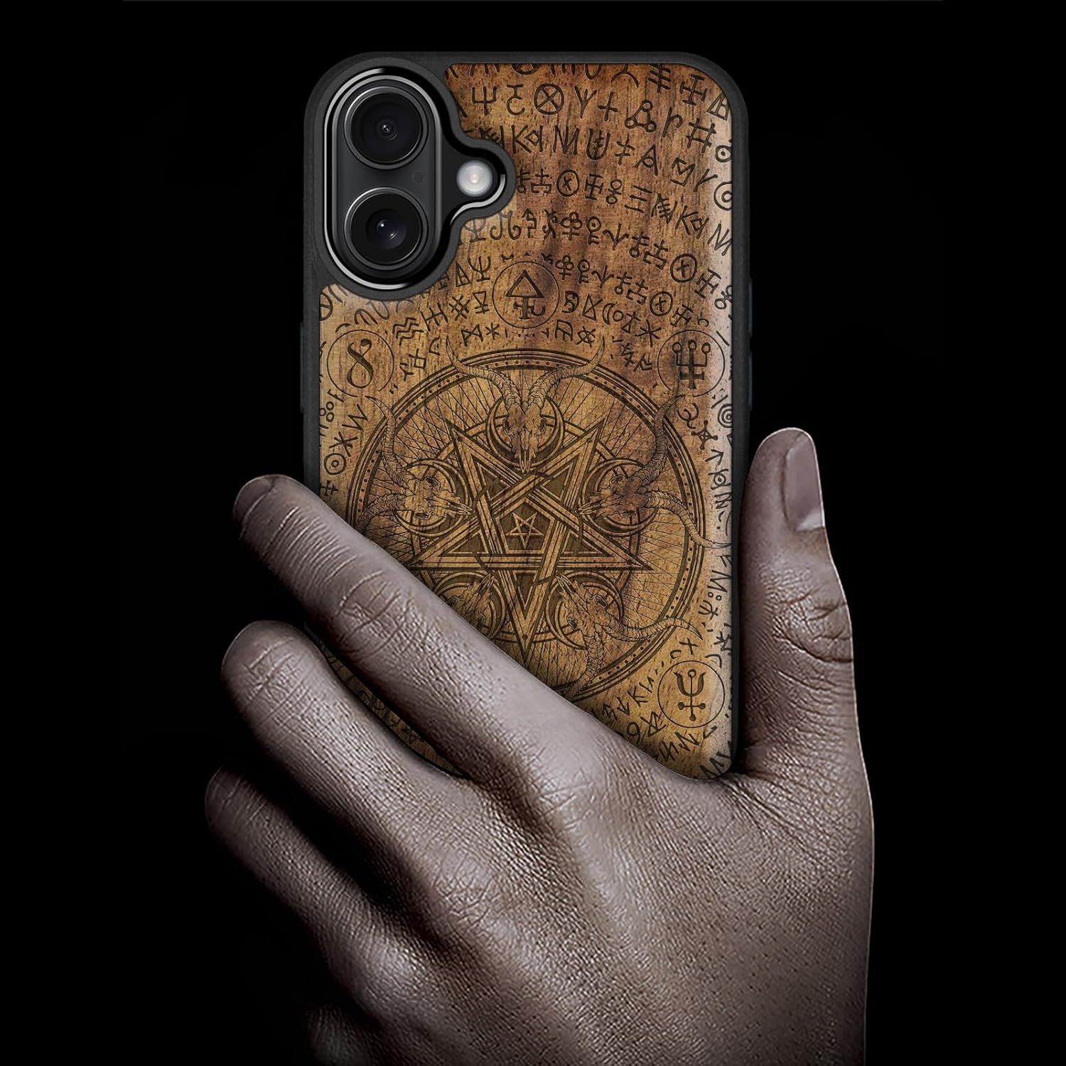 Carveit Magnetic Wooden Case for iPhone 16 Plus Case, Wood Artisan Engraved & Black Soft TPU Shockproof Cover, Compatible with MagSafe Wireless Chargers (Whisper of The Abyss) Walnut