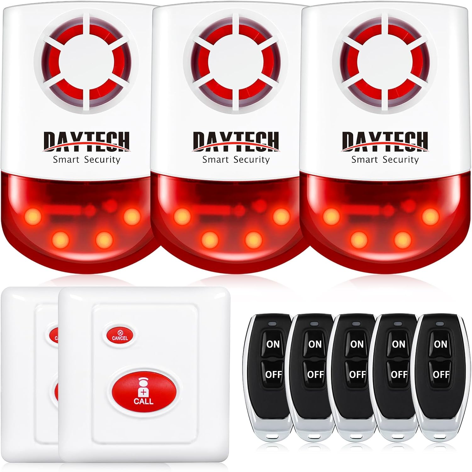 Daytech Strobe Siren Alarm Home Caring Loud Outdoor SOS Alert System 3 Red Flashing Siren,5 Remotes Panic Button, 2 Emergency Button