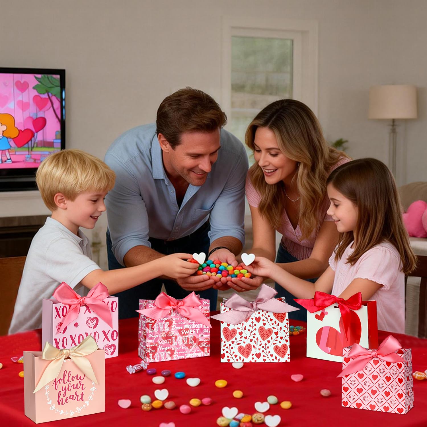 Nimbbex 24 Pack Small Valentines Gift Bags with Bow Ribbons, 4.5" X 1.8" X 3.9" Love Heart Valentines Bags, Mini Valentines Bags for Weddings, Holidays, Classroom, Valentine's Day Gift Giving