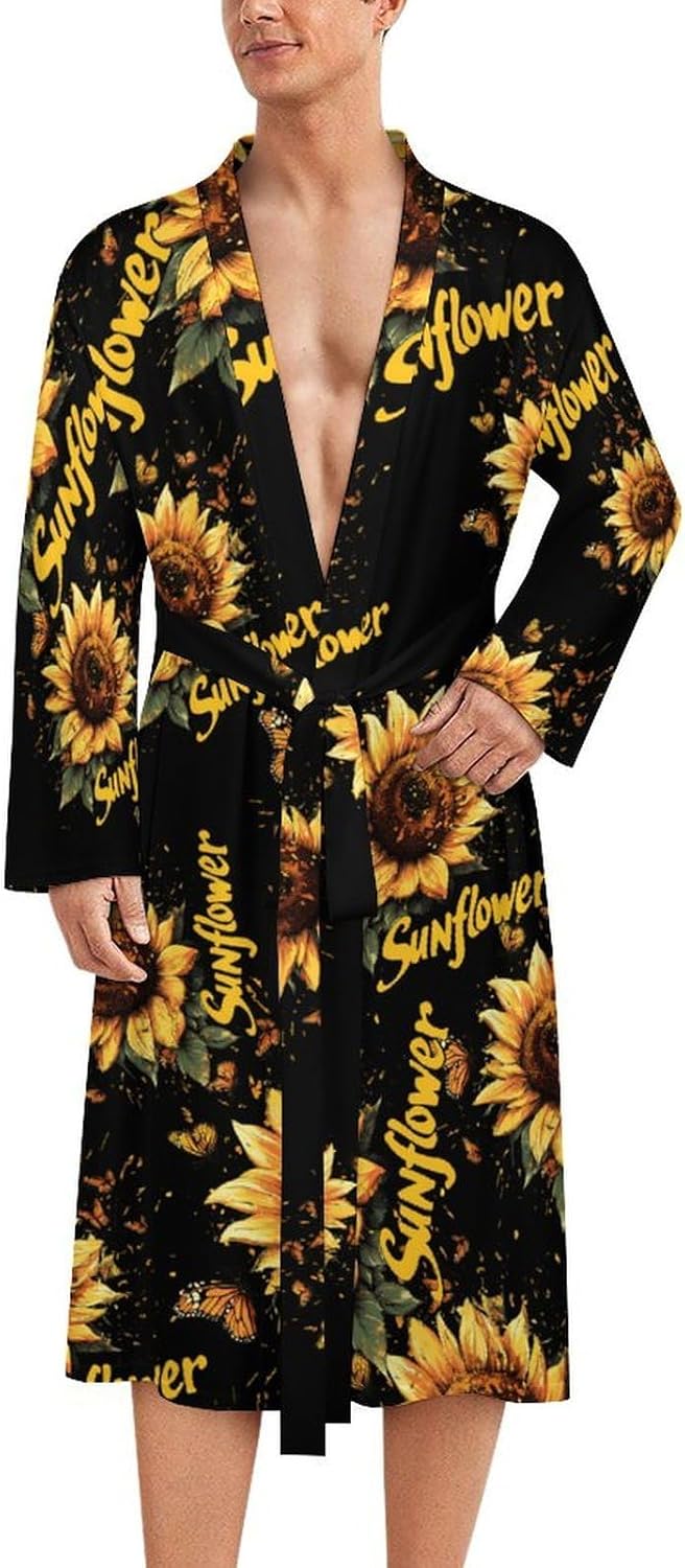 Sunflower Butterfly Men's Robe Soft Bathrobe V Neck Loungewear Sleepwear Nightgown Dressing Gown