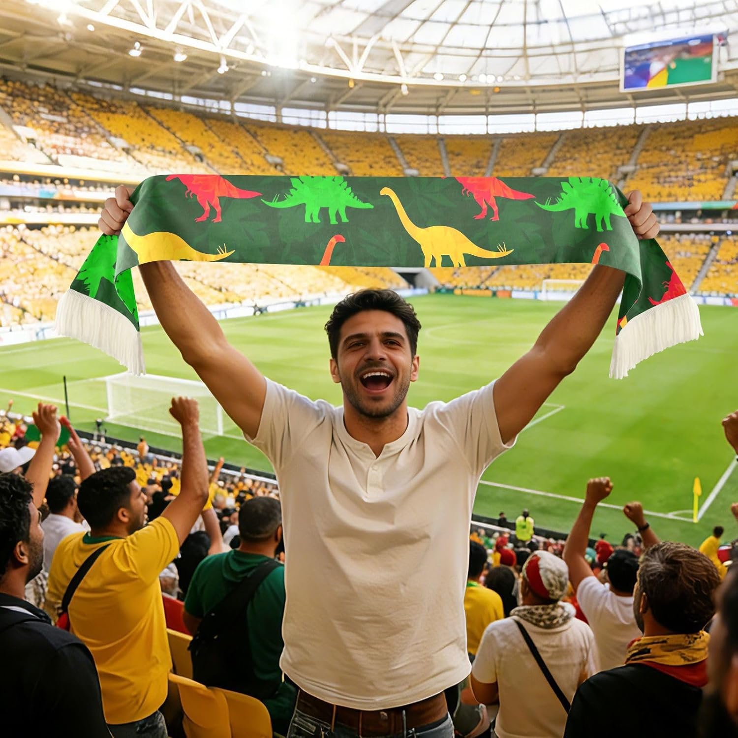 CHIFIGNO Colorful Dinosaur Green Sports Fan Scarf, Soft Polyester Soccer Scarf, Quick Dry Supporter Towel, Match Day Accessories