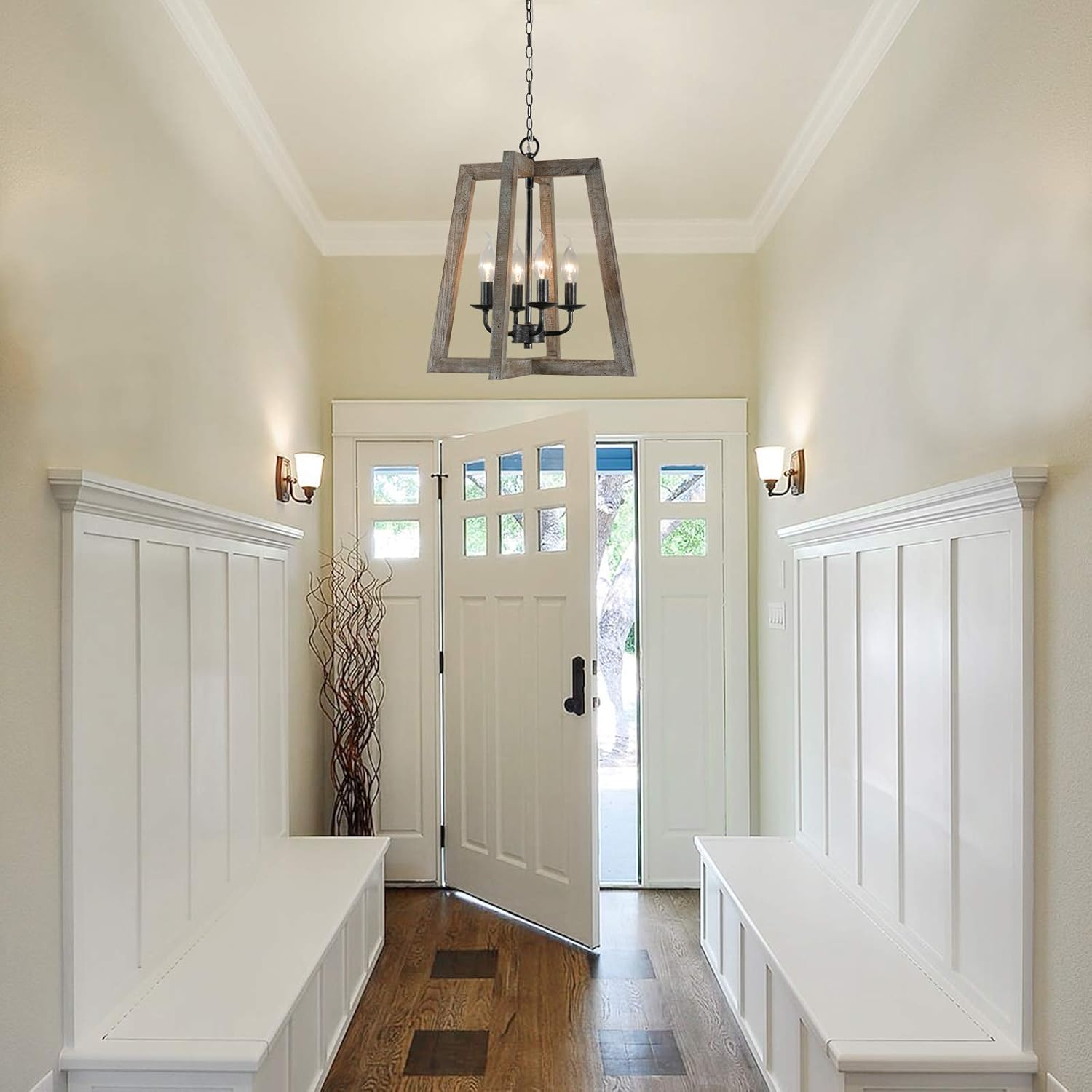 French Country Chandelier Dining Room Light Fixture Farmhouse Pendant Lighting Rustic Metal 4-Light Arm, Antique Wood Frame - - 